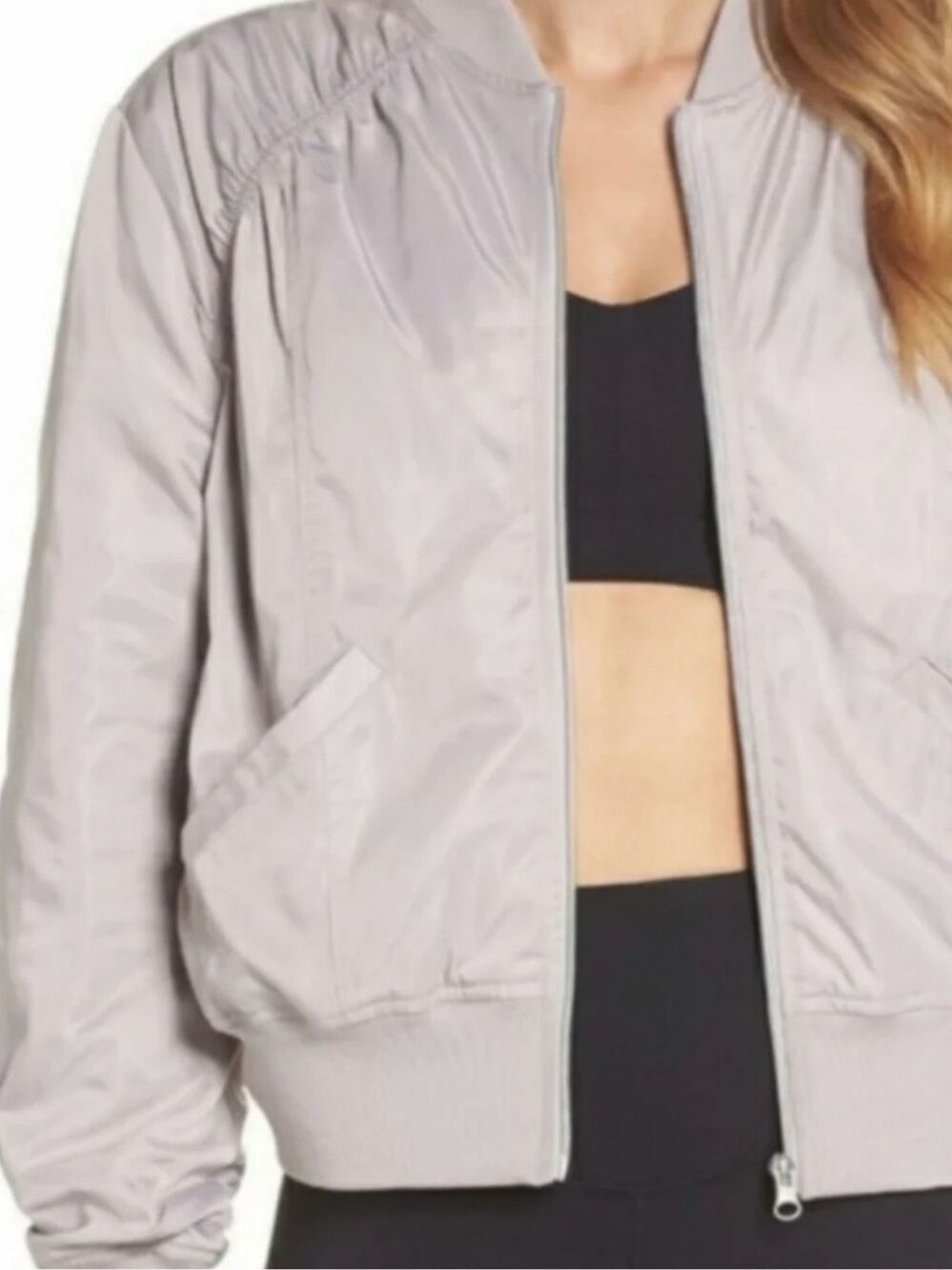 Z BY ZELLA Gray Purple Satin Ruched Bomber Jacket Plus Size 2X
